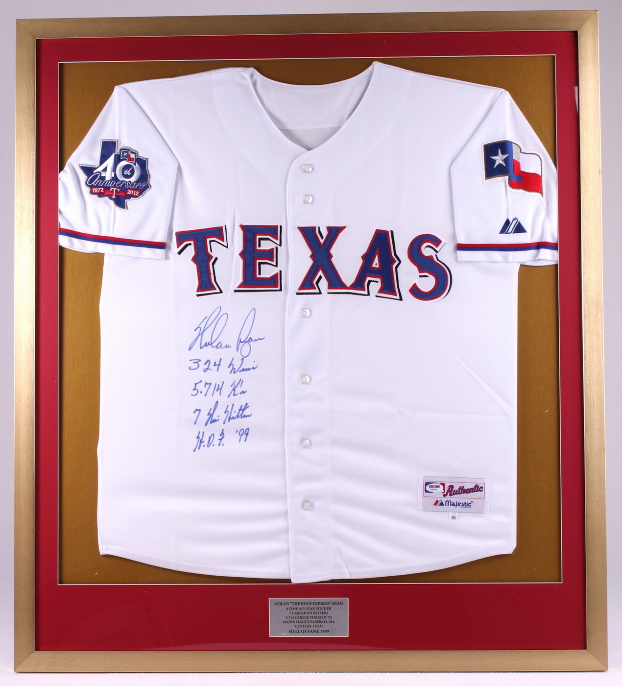 Nolan Ryan Signed Rangers 34x38 Custom Framed Jersey Display with (4) Career Stat Inscriptions (PSA COA) at PristineAuction.com Nolan Ryan Signed Rangers 34x38 Custom Framed Jersey Display with (4) Career Stat Inscriptions (PSA COA) at PristineAuction.com