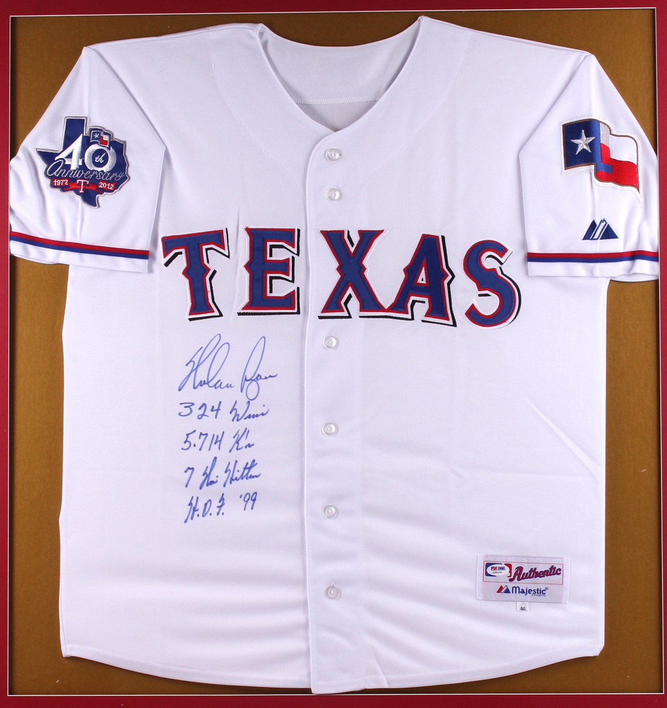 Nolan Ryan Signed Rangers 34x38 Custom Framed Jersey Display with (4) Career Stat Inscriptions (PSA COA) at PristineAuction.com Nolan Ryan Signed Rangers 34x38 Custom Framed Jersey Display with (4) Career Stat Inscriptions (PSA COA) at PristineAuction.com