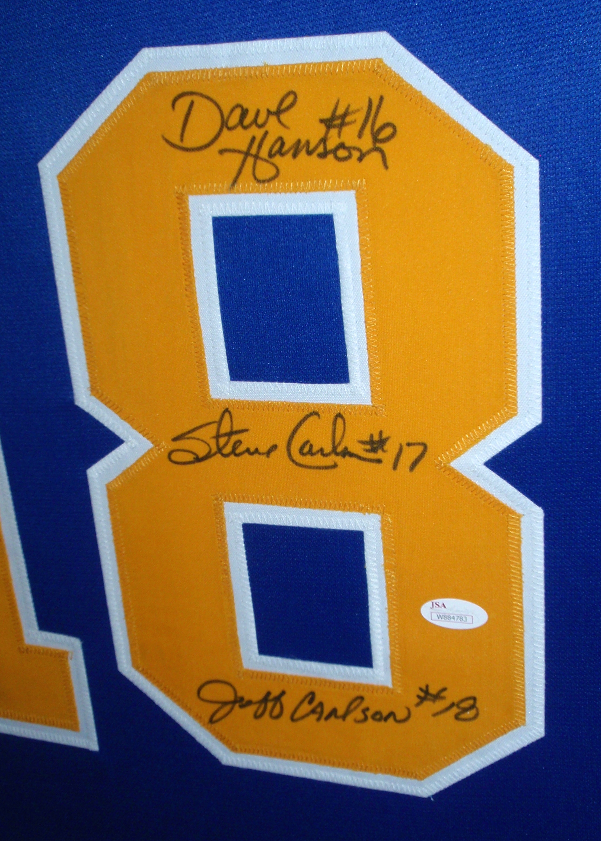 Hanson Brothers Signed "Slap Shot" Chiefs 35x43 Custom Framed Jersey Signed by (3) with Dave Hanson, Steve Carlson & Jeff Carlson (JSA COA) at PristineAuction.com Hanson Brothers Signed "Slap Shot" Chiefs 35x43 Custom Framed Jersey Signed by (3) with Dave Hanson, Steve Carlson & Jeff Carlson (JSA COA) at PristineAuction.com
