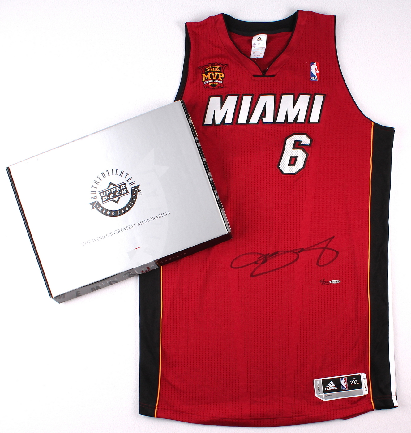 LeBron James Signed LE Miami Heat Authentic Adidas Alternate Jersey with Back to Back Finals MVP Patch #6/25 (UDA COA) at PristineAuction.com LeBron James Signed LE Miami Heat Authentic Adidas Alternate Jersey with Back to Back Finals MVP Patch #6/25 (UDA COA) at PristineAuction.com