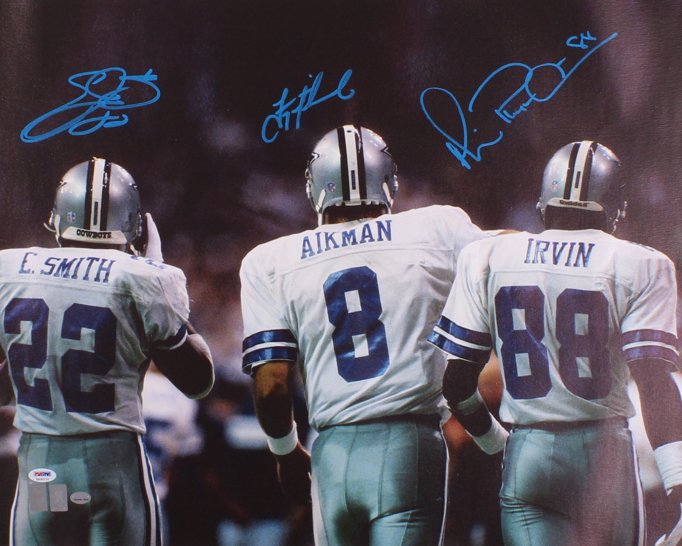 Emmitt Smith, Michael Irvin & Troy Aikman Signed Cowboys 25.75" x 30.75" Photo on Canvas (PSA & Player Holograms) at PristineAuction.com Emmitt Smith, Michael Irvin & Troy Aikman Signed Cowboys 25.75" x 30.75" Photo on Canvas (PSA & Player Holograms) at PristineAuction.com