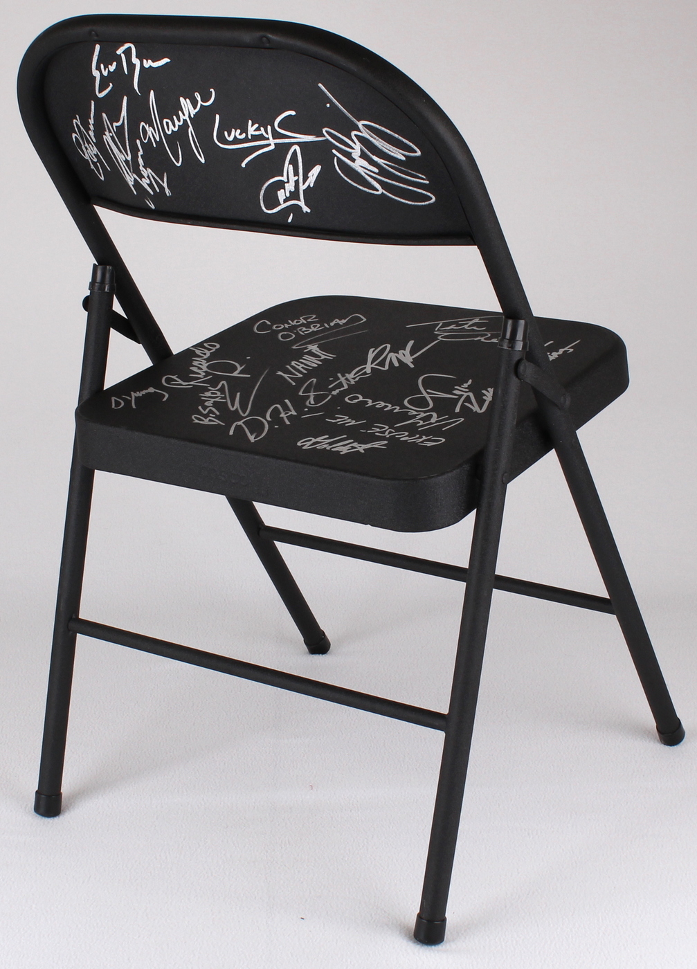 WWE Black Folding Chair Signed by (19) with Vickie Guerrero, Maryse Ouellet, Conor O'Brian (JSA ALOA) at PristineAuction.com WWE Black Folding Chair Signed by (19) with Vickie Guerrero, Maryse Ouellet, Conor O'Brian (JSA ALOA) at PristineAuction.com