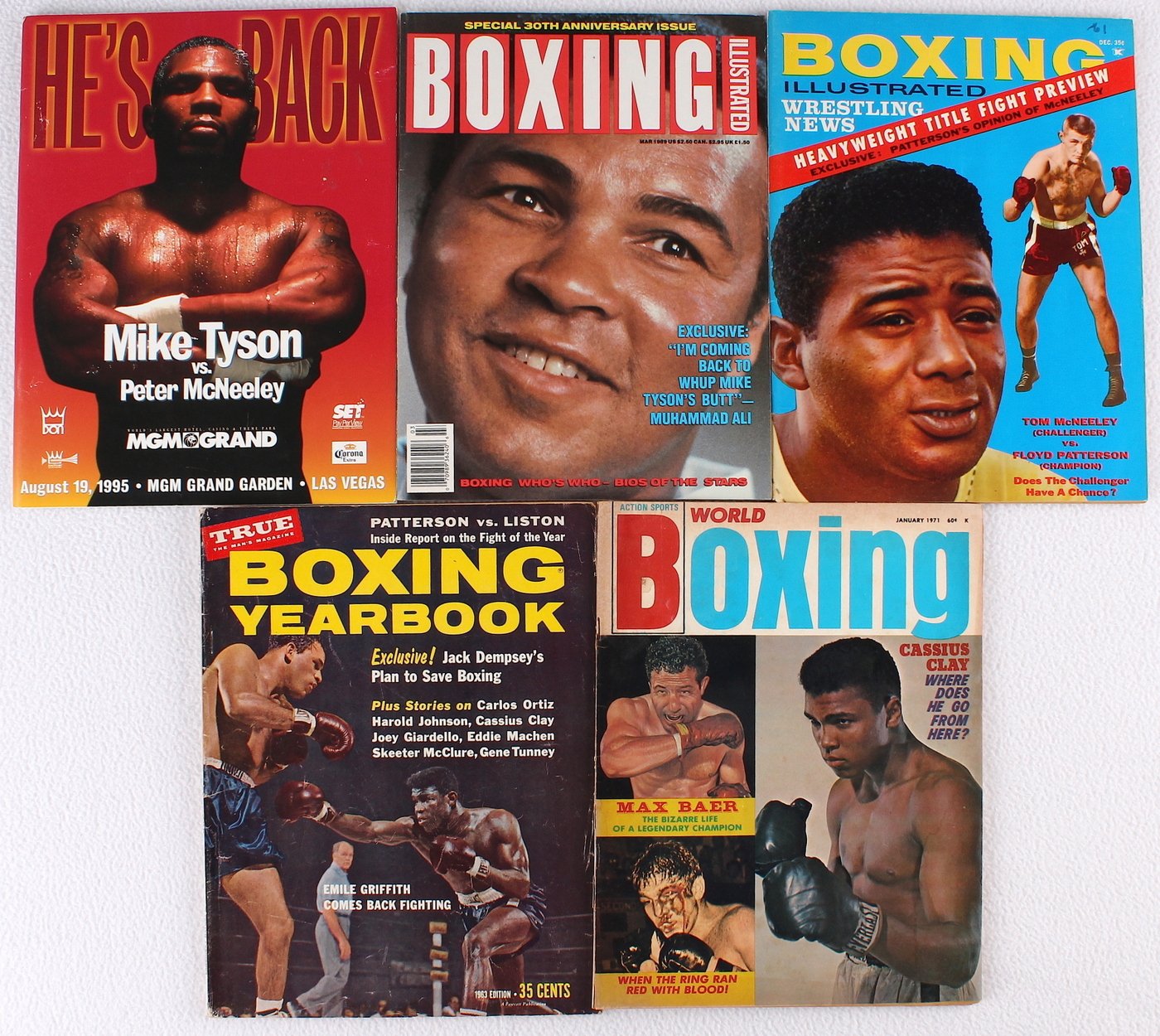 Lot of (5) Vintage Boxing Magazines Featuring Emile Griffith, Cassius Clay, Tom McNeeley, Floyd Patterson, Muhammad Ali, Mike Tyson, Peter McNeely at PristineAuction.com Lot of (5) Vintage Boxing Magazines Featuring Emile Griffith, Cassius Clay, Tom McNeeley, Floyd Patterson, Muhammad Ali, Mike Tyson, Peter McNeely at PristineAuction.com