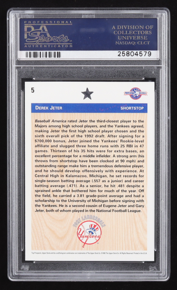 Derek Jeter 1992 Upper Deck Minors #5 FDP RC (PSA 9) at PristineAuction.com Derek Jeter 1992 Upper Deck Minors #5 FDP RC (PSA 9) at PristineAuction.com