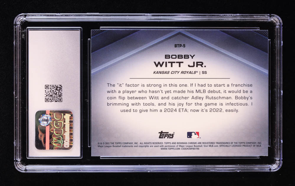 Bobby Witt Jr. 2022 Bowman Chrome Scouts Top 100 #BTP5 RC (CGC 10) at PristineAuction.com Bobby Witt Jr. 2022 Bowman Chrome Scouts Top 100 #BTP5 RC (CGC 10) at PristineAuction.com