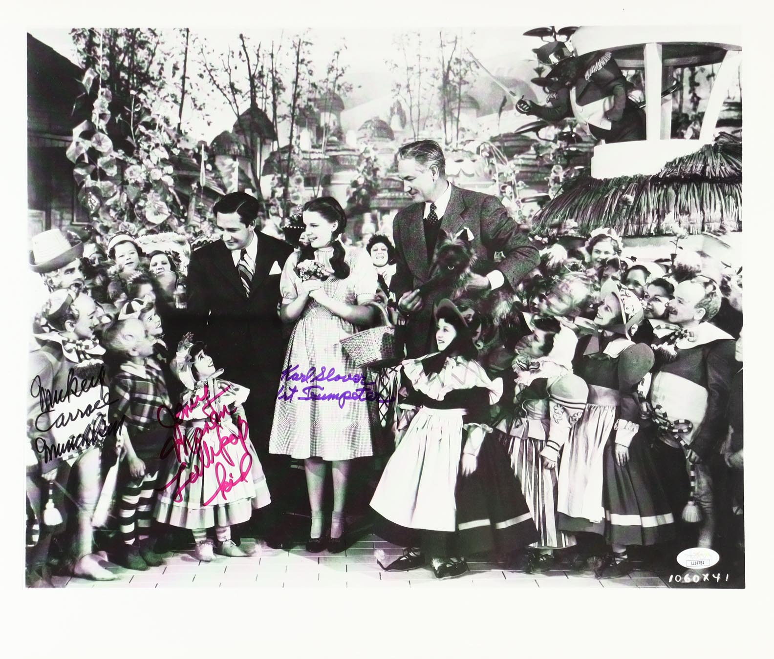 Mickey Carroll, Karl Slover & Jerry Maren Signed "The Wizard of Oz" 16x20 Photo Inscribed "Munchkin", "Lollipop Kid" & "1st Trumpeter" (JSA) at PristineAuction.com Mickey Carroll, Karl Slover & Jerry Maren Signed "The Wizard of Oz" 16x20 Photo Inscribed "Munchkin", "Lollipop Kid" & "1st Trumpeter" (JSA) at PristineAuction.com