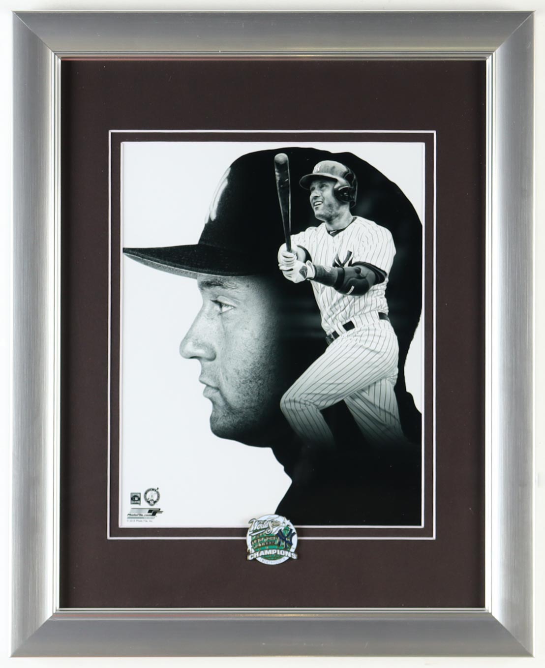 Derek Jeter Yankees Custom Framed Photo Display with Yankees Championship Pin at PristineAuction.com Derek Jeter Yankees Custom Framed Photo Display with Yankees Championship Pin at PristineAuction.com
