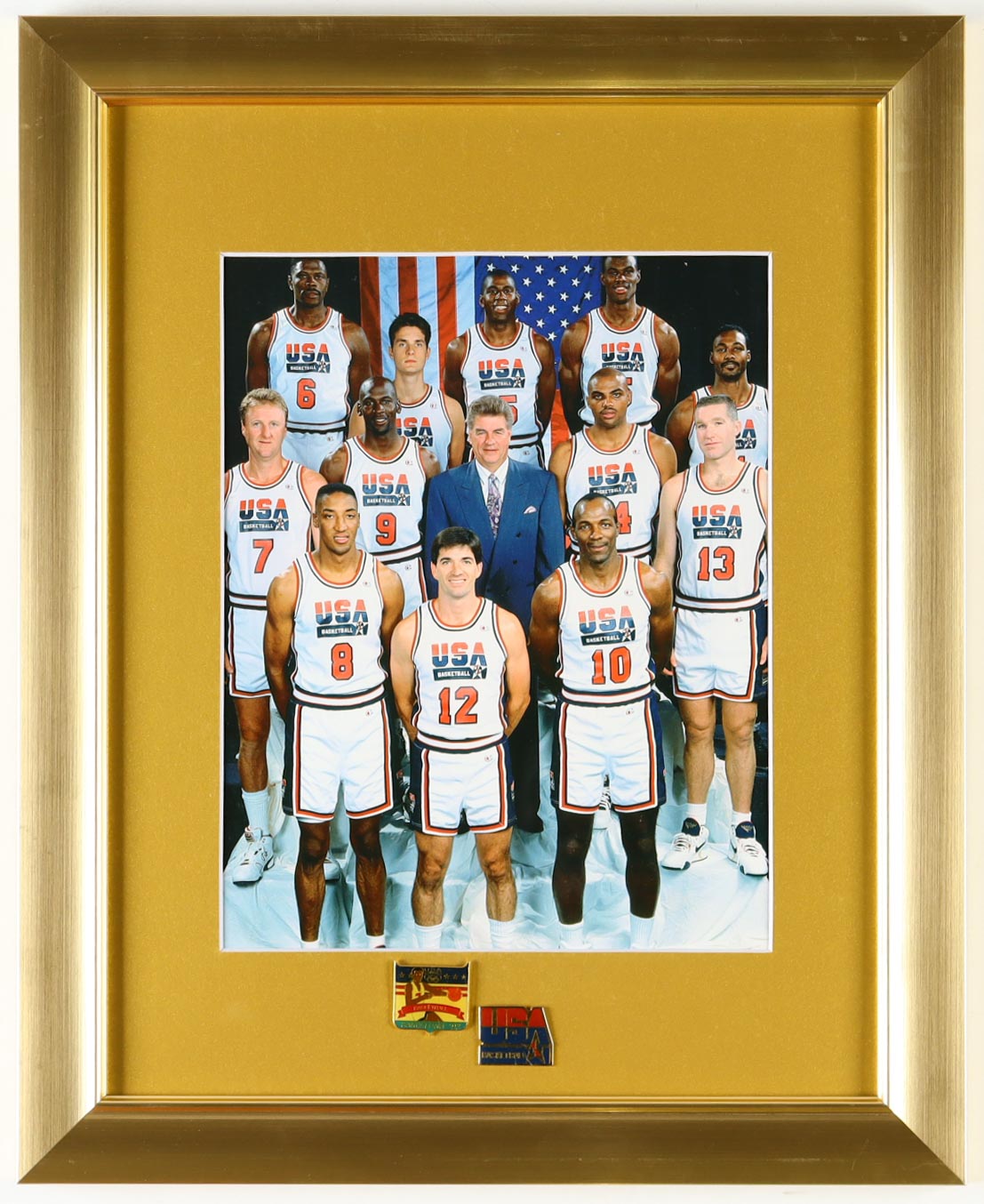 1992 Team USA Dream Team Custom Framed Photo Display with 1992 Team USA & Barcelona Pin at PristineAuction.com 1992 Team USA Dream Team Custom Framed Photo Display with 1992 Team USA & Barcelona Pin at PristineAuction.com