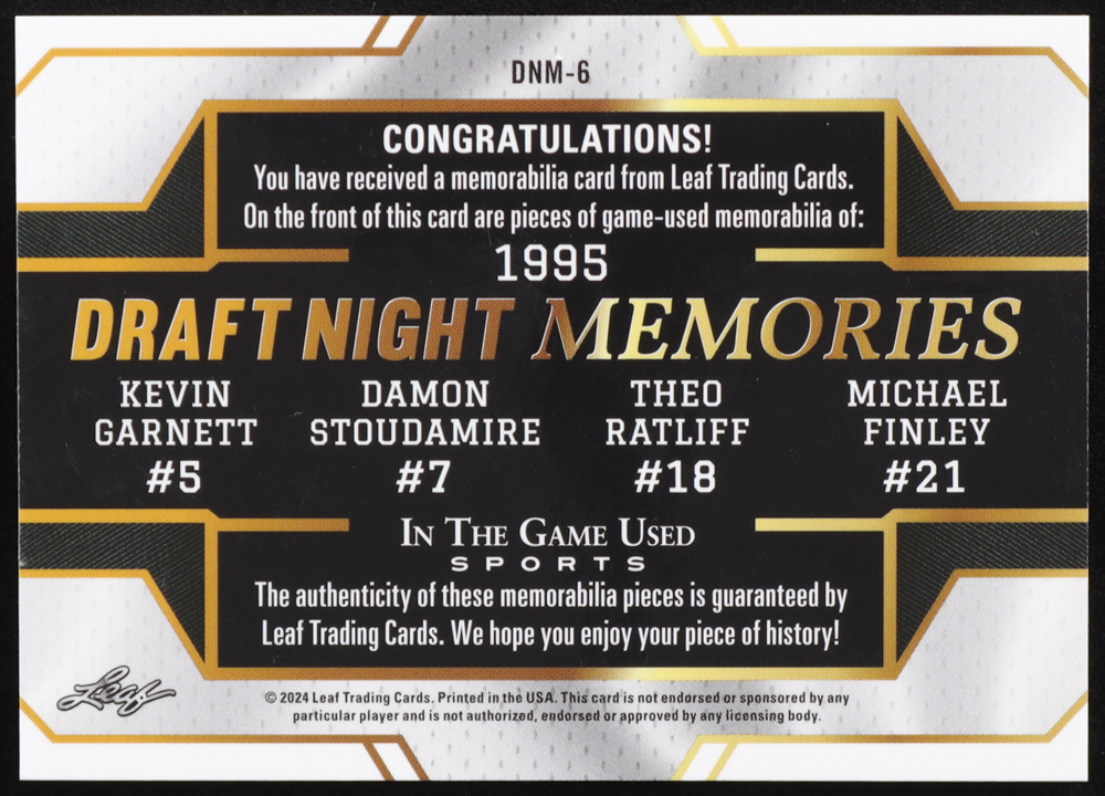 Kevin Garnett / Damon Stoudamire / Theo Ratliff / Michael Finley 2024 Leaf ITG 1995 Draft Night Memories Bronze #DNM6 #4/5 at PristineAuction.com Kevin Garnett / Damon Stoudamire / Theo Ratliff / Michael Finley 2024 Leaf ITG 1995 Draft Night Memories Bronze #DNM6 #4/5 at PristineAuction.com