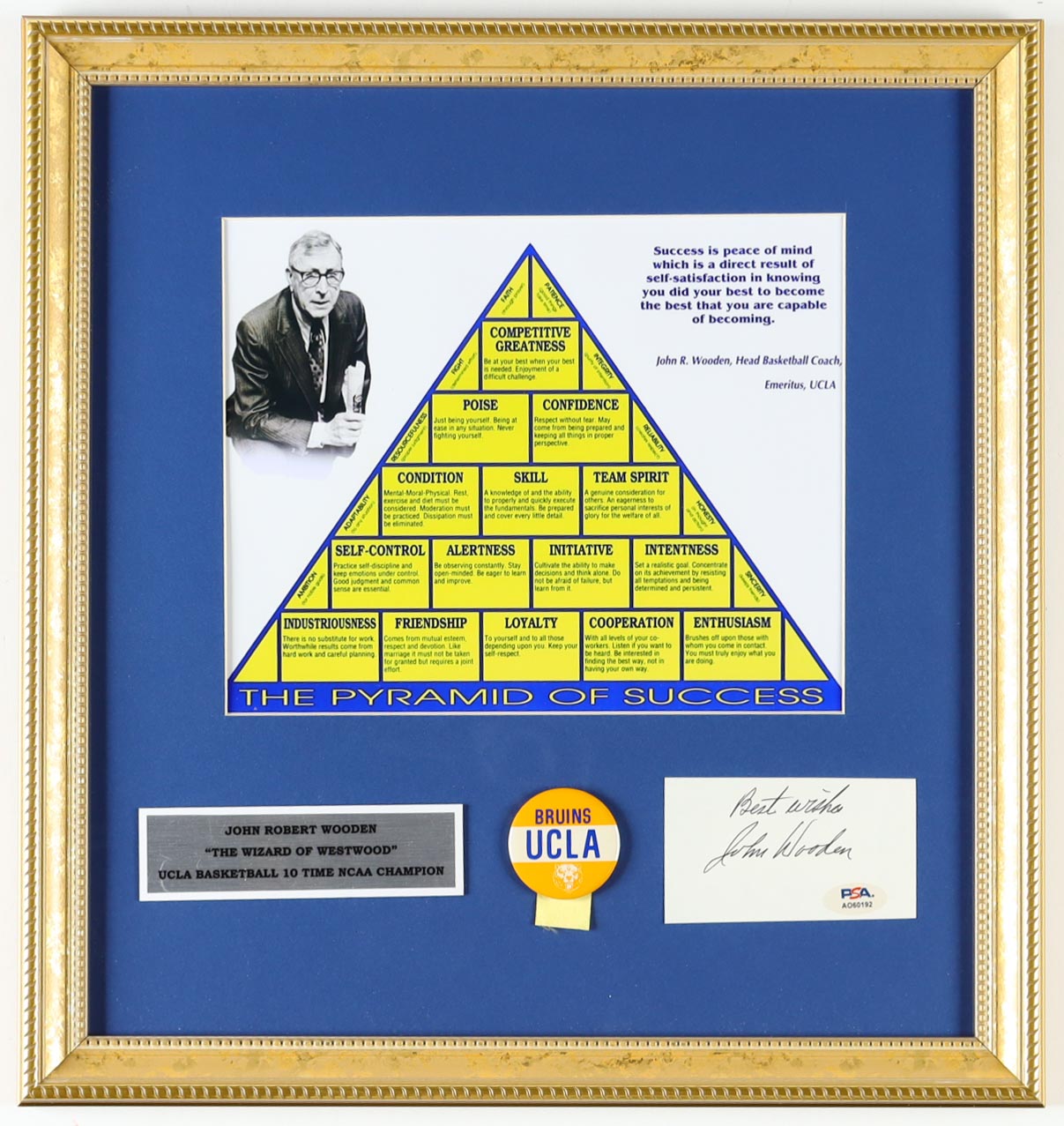 John Wooden Signed Custom Framed Cut With "Pyramid of Success" Print & Vintage UCLA Lapel Pin with Ribbon Inscribed "Best Wishes" (PSA) at PristineAuction.com John Wooden Signed Custom Framed Cut With "Pyramid of Success" Print & Vintage UCLA Lapel Pin with Ribbon Inscribed "Best Wishes" (PSA) at PristineAuction.com