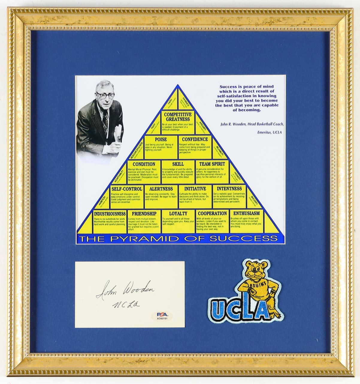 John Wooden Signed Custom Framed Cut With "Pyramid of Success" Print & UCLA Bruins Cloth Patch Inscribed "UCLA" (PSA) at PristineAuction.com John Wooden Signed Custom Framed Cut With "Pyramid of Success" Print & UCLA Bruins Cloth Patch Inscribed "UCLA" (PSA) at PristineAuction.com