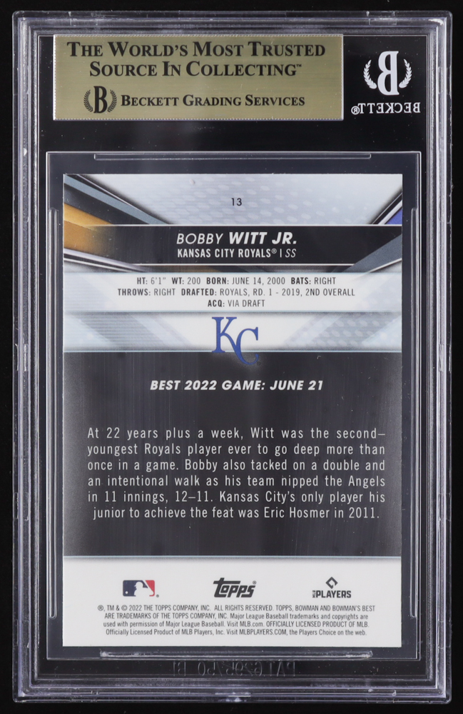 Bobby Witt Jr. 2022 Bowman's Best #13 RC (BGS 9.5) at PristineAuction.com Bobby Witt Jr. 2022 Bowman's Best #13 RC (BGS 9.5) at PristineAuction.com