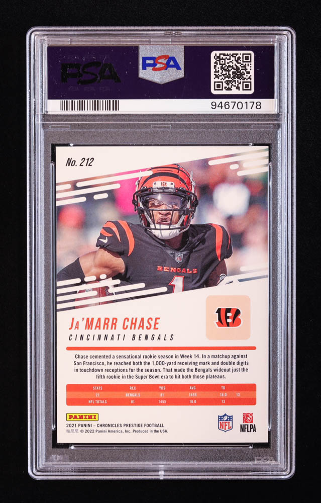 Ja'Marr Chase 2021 Panini Chronicles Prestige Rookies Update #212 RC (PSA 10) at PristineAuction.com Ja'Marr Chase 2021 Panini Chronicles Prestige Rookies Update #212 RC (PSA 10) at PristineAuction.com