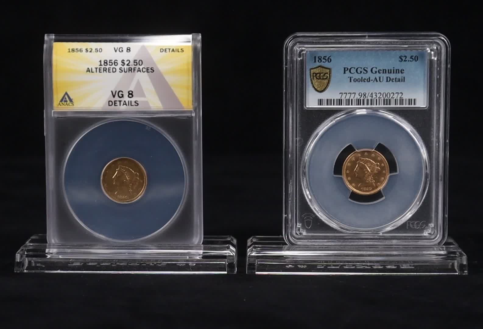 1856 $2.50 Gold Coin Lot with 1856 $2.50 Indian Eagle Gold Quarter (PCGS Genuine AU Detail) & 1856 Liberty Gold Quarter Eagle $2.50 Coin - Altered Surfaces (ANACS VG8 Details) at PristineAuction.com