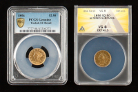 1856 $2.50 Gold Coin Lot with 1856 $2.50 Indian Eagle Gold Quarter (PCGS Genuine AU Detail) & 1856 Liberty Gold Quarter Eagle $2.50 Coin - Altered Surfaces (ANACS VG8 Details) at PristineAuction.com
