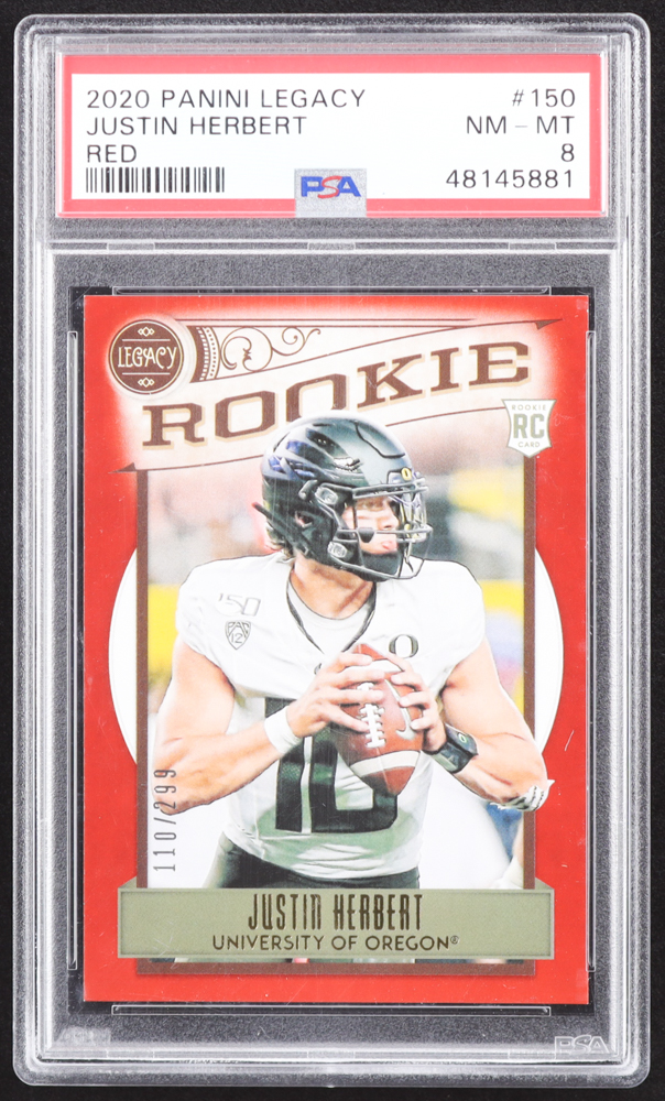 Justin Herbert 2020 Panini Legacy Red #150 #110/299 RC (PSA 8) at PristineAuction.com Justin Herbert 2020 Panini Legacy Red #150 #110/299 RC (PSA 8) at PristineAuction.com