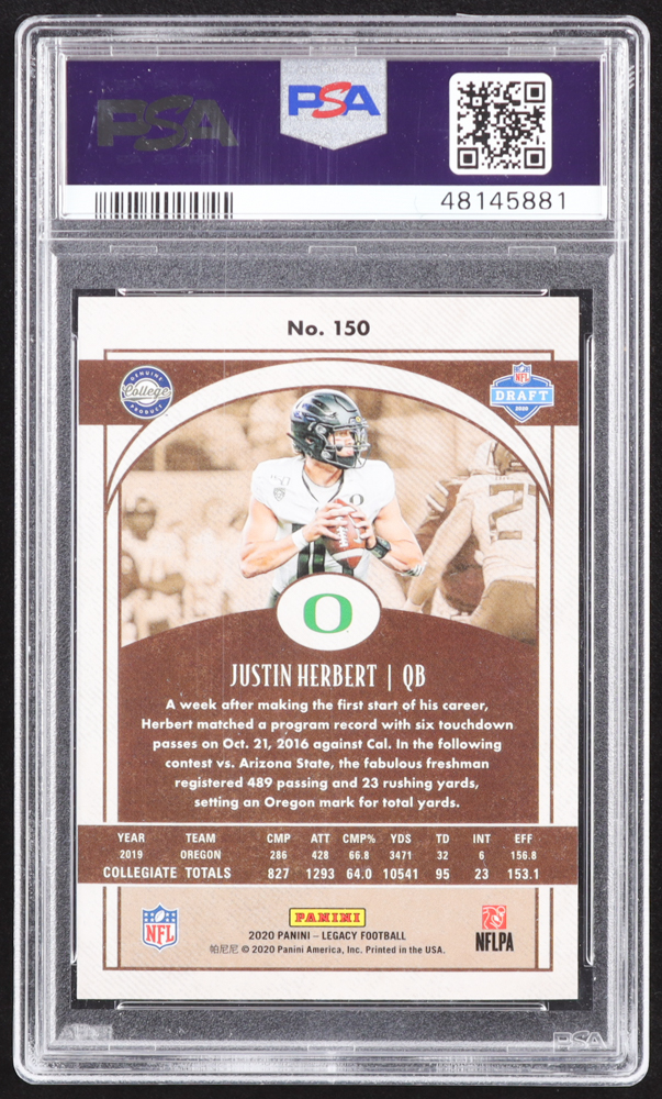 Justin Herbert 2020 Panini Legacy Red #150 #110/299 RC (PSA 8) at PristineAuction.com Justin Herbert 2020 Panini Legacy Red #150 #110/299 RC (PSA 8) at PristineAuction.com