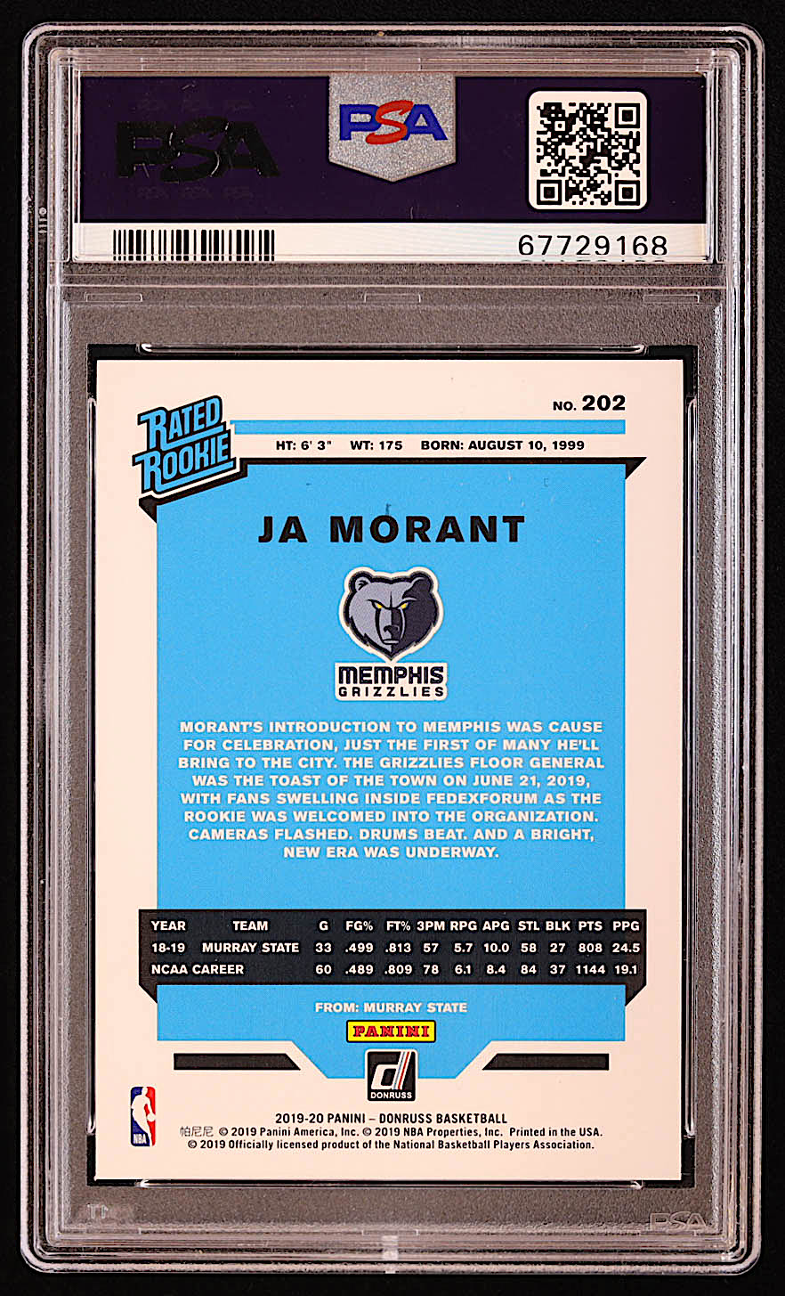 Ja Morant 2019-20 Donruss #202 RR RC (PSA 10) at PristineAuction.com Ja Morant 2019-20 Donruss #202 RR RC (PSA 10) at PristineAuction.com