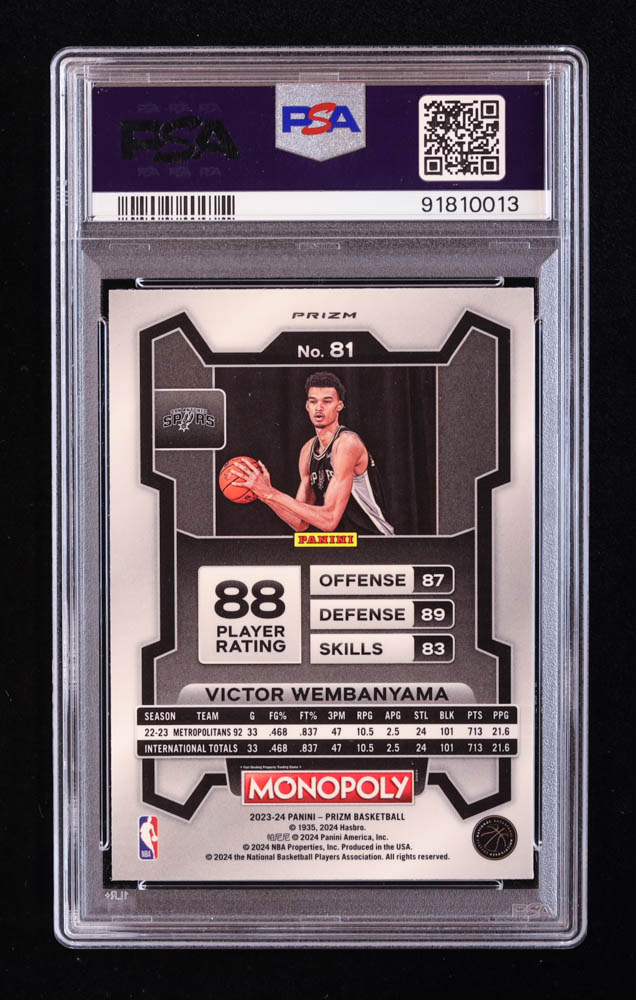 Victor Wembanyama 2023-24 Panini Prizm Monopoly Purple Wave Prizm RC #81 (PSA 10) at PristineAuction.com Victor Wembanyama 2023-24 Panini Prizm Monopoly Purple Wave Prizm RC #81 (PSA 10) at PristineAuction.com