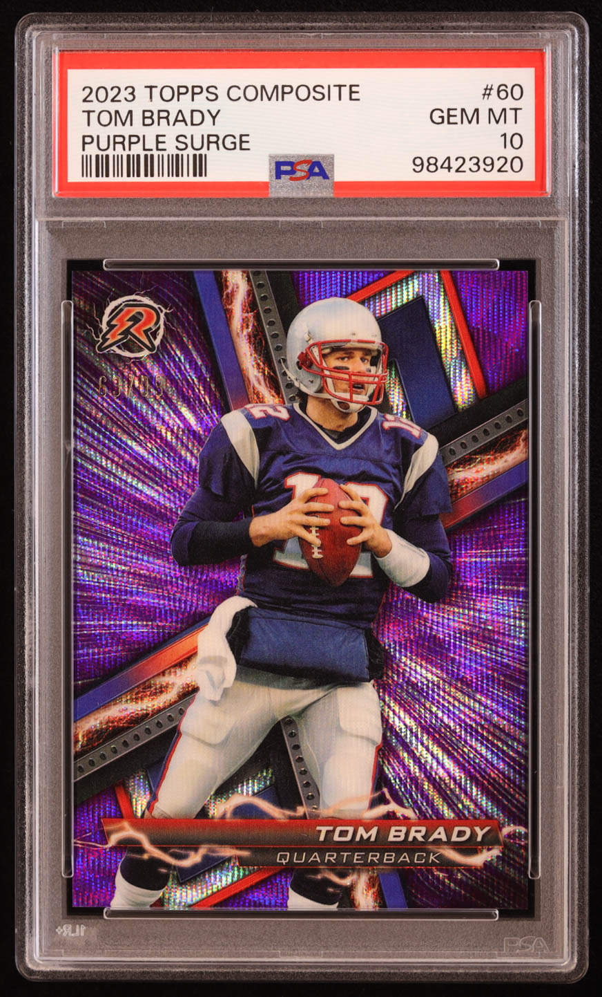 Tom Brady 2023 Topps Composite Resurgence Purple Surge #60 #63/99 (PSA 10) at PristineAuction.com Tom Brady 2023 Topps Composite Resurgence Purple Surge #60 #63/99 (PSA 10) at PristineAuction.com