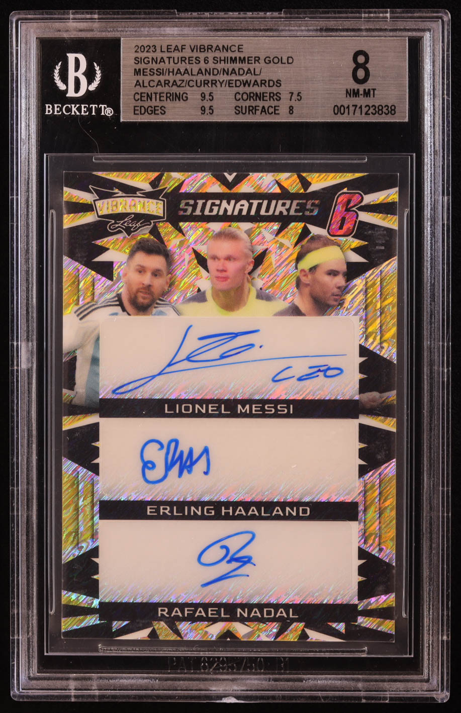 Lionel Messi / Erling Haaland / Rafael Nadal / Carlos Alcaraz / Stephen Curry / Anthony Edwards 2023 Leaf Vibrance Vibrance Signatures 6 Shimmer Gold #VS64 #1/1 (BGS 8) at PristineAuction.com Lionel Messi / Erling Haaland / Rafael Nadal / Carlos Alcaraz / Stephen Curry / Anthony Edwards 2023 Leaf Vibrance Vibrance Signatures 6 Shimmer Gold #VS64 #1/1 (BGS 8) at PristineAuction.com