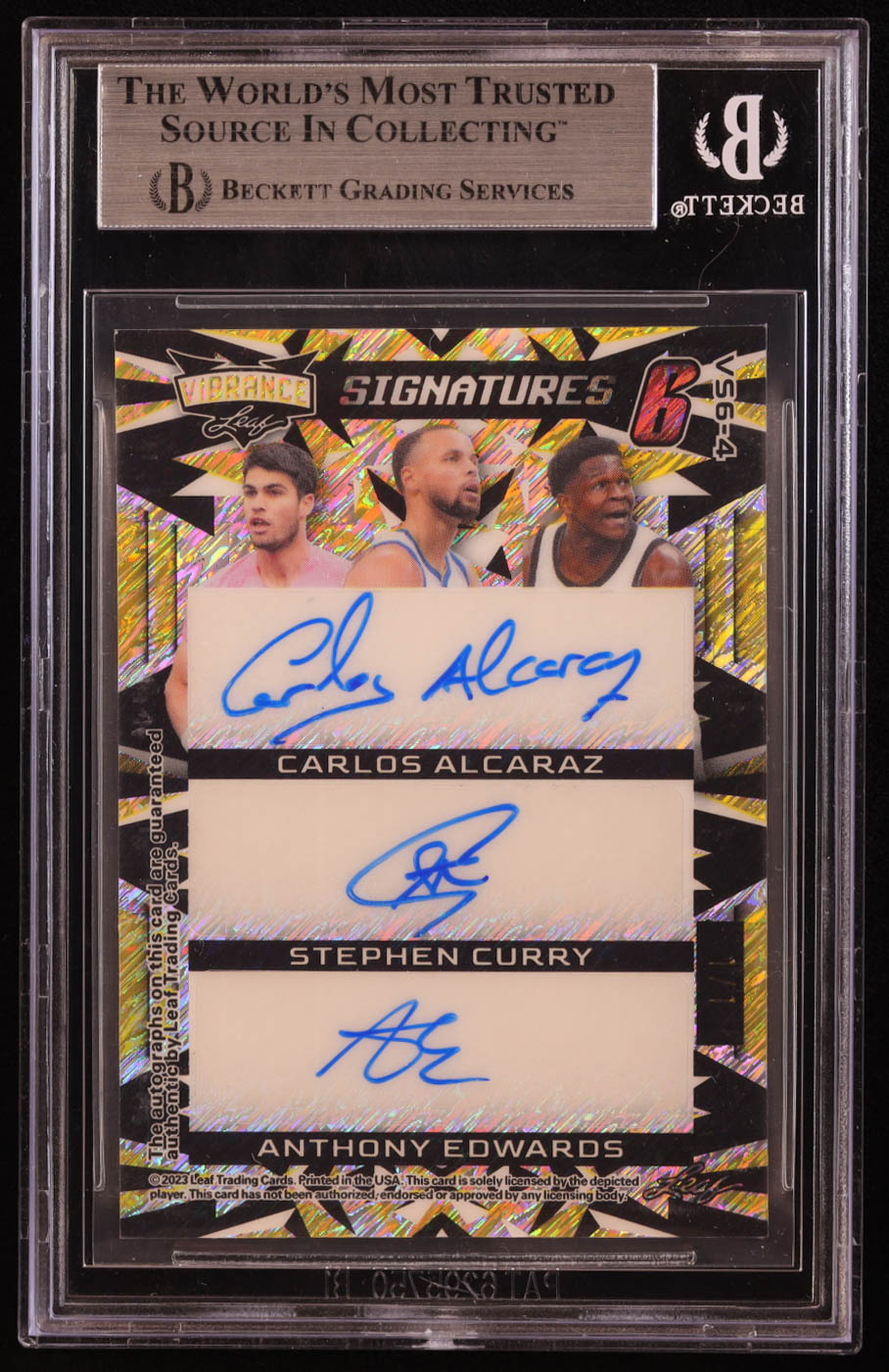 Lionel Messi / Erling Haaland / Rafael Nadal / Carlos Alcaraz / Stephen Curry / Anthony Edwards 2023 Leaf Vibrance Vibrance Signatures 6 Shimmer Gold #VS64 #1/1 (BGS 8) at PristineAuction.com Lionel Messi / Erling Haaland / Rafael Nadal / Carlos Alcaraz / Stephen Curry / Anthony Edwards 2023 Leaf Vibrance Vibrance Signatures 6 Shimmer Gold #VS64 #1/1 (BGS 8) at PristineAuction.com