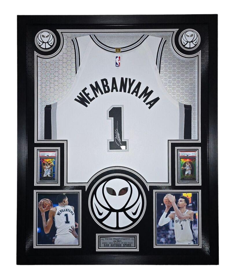 Victor Wembanyama Signed Spurs Custom Framed Nike Vaporknit Jersey with LED Display & (2) PSA 10 Graded Rookie Cards (Fanatics) at PristineAuction.com Victor Wembanyama Signed Spurs Custom Framed Nike Vaporknit Jersey with LED Display & (2) PSA 10 Graded Rookie Cards (Fanatics) at PristineAuction.com