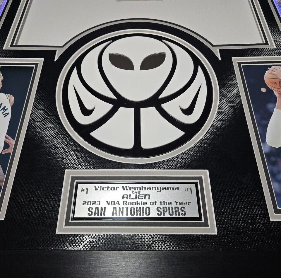 Victor Wembanyama Signed Spurs Custom Framed Nike Vaporknit Jersey with LED Display & (2) PSA 10 Graded Rookie Cards (Fanatics) at PristineAuction.com Victor Wembanyama Signed Spurs Custom Framed Nike Vaporknit Jersey with LED Display & (2) PSA 10 Graded Rookie Cards (Fanatics) at PristineAuction.com