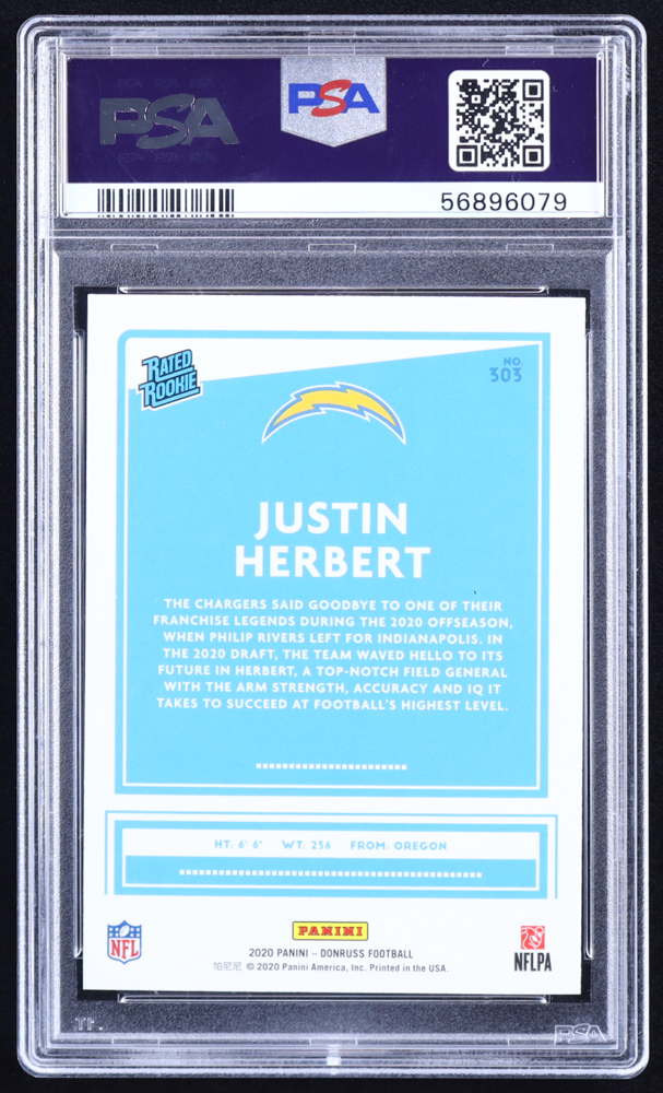 Justin Herbert 2020 Donruss Press Proof Yellow #303 RR RC (PSA 10) at PristineAuction.com Justin Herbert 2020 Donruss Press Proof Yellow #303 RR RC (PSA 10) at PristineAuction.com