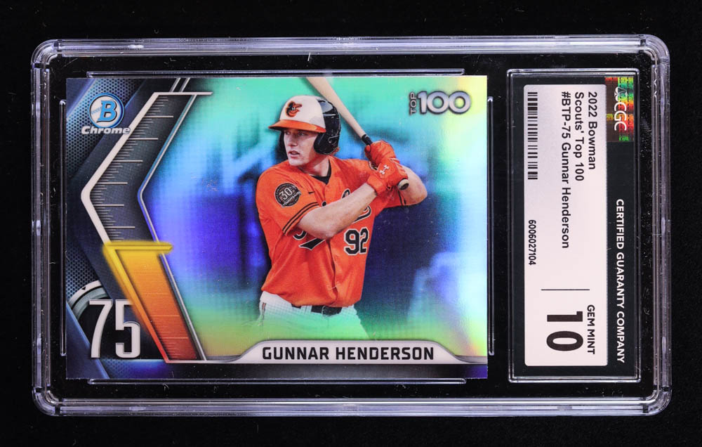 Gunnar Henderson 2022 Bowman Chrome Scouts Top 100 #BTP75 RC (CGC 10) at PristineAuction.com Gunnar Henderson 2022 Bowman Chrome Scouts Top 100 #BTP75 RC (CGC 10) at PristineAuction.com
