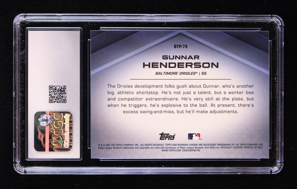 Gunnar Henderson 2022 Bowman Chrome Scouts Top 100 #BTP75 RC (CGC 10) at PristineAuction.com Gunnar Henderson 2022 Bowman Chrome Scouts Top 100 #BTP75 RC (CGC 10) at PristineAuction.com