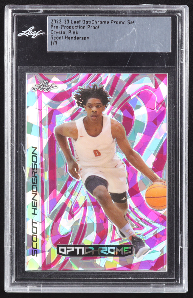 Scoot Henderson 2022-23 Leaf OptiChrome Promo Set Crystal Pink Pre-Production Proof #1/1 RC (Leaf) at PristineAuction.com Scoot Henderson 2022-23 Leaf OptiChrome Promo Set Crystal Pink Pre-Production Proof #1/1 RC (Leaf) at PristineAuction.com