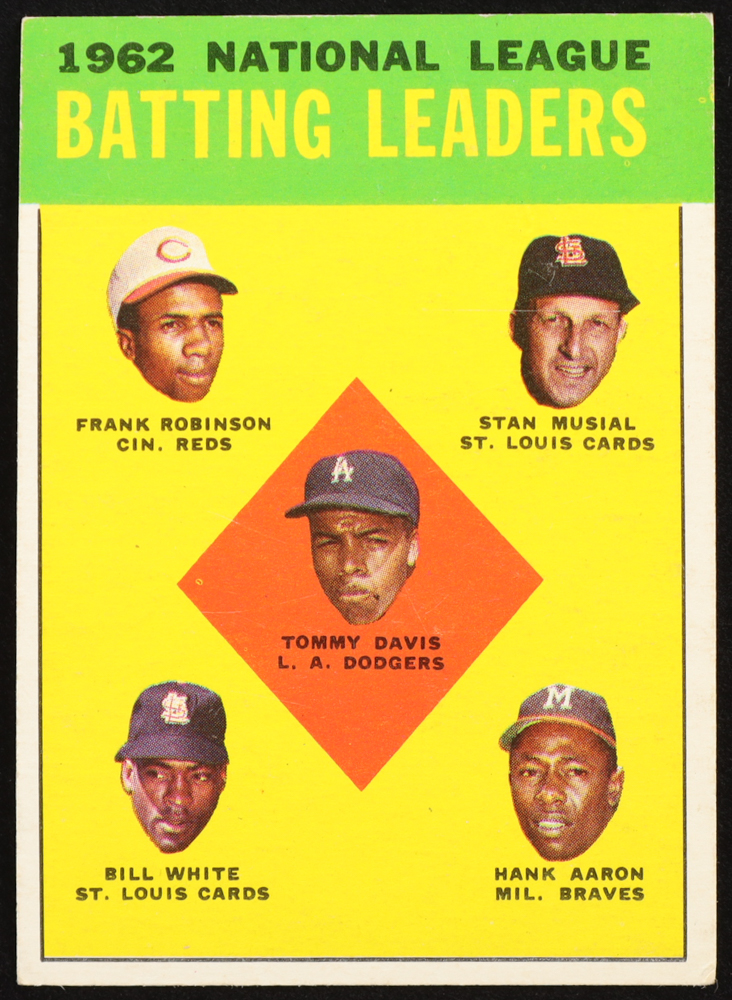 Tommy Davis / Frank Robinson / Stan Musial / Hank Aaron / Bill White 1963 Topps #1 NL Batting Leaders at PristineAuction.com Tommy Davis / Frank Robinson / Stan Musial / Hank Aaron / Bill White 1963 Topps #1 NL Batting Leaders at PristineAuction.com
