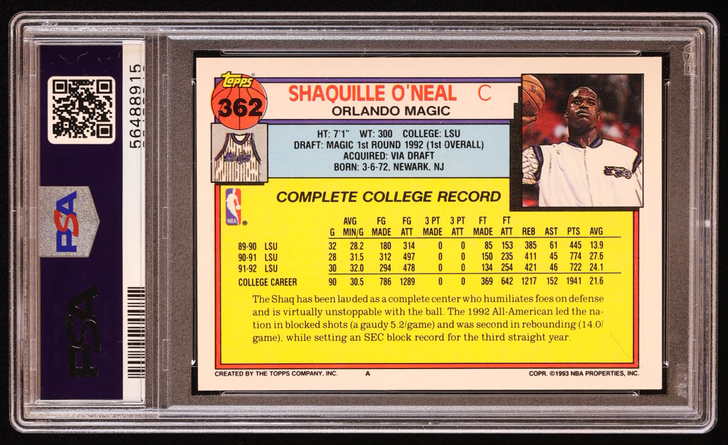 Shaquille O'Neal 1992-93 Topps #362 RC (PSA 9) at PristineAuction.com Shaquille O'Neal 1992-93 Topps #362 RC (PSA 9) at PristineAuction.com