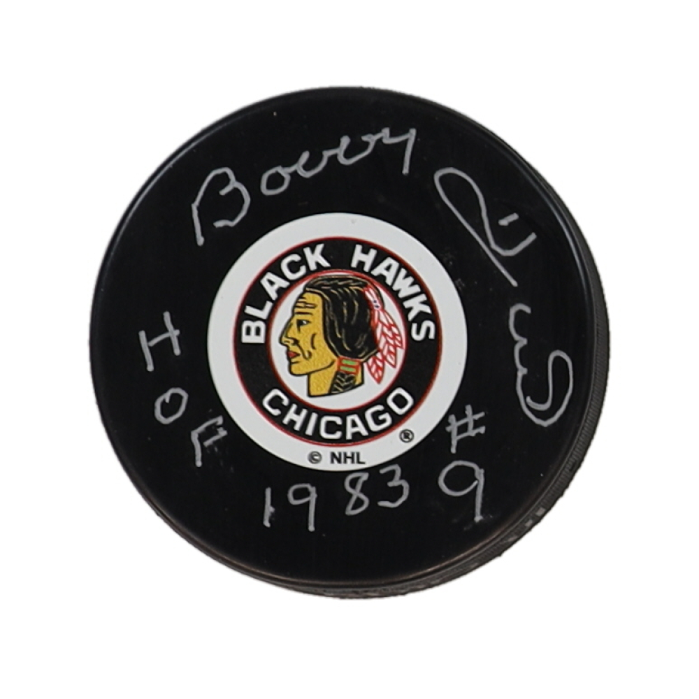 Bobby Hull Signed Blackhawks Logo Hockey Puck Inscribed "HOF 1983" (Beckett) at PristineAuction.com