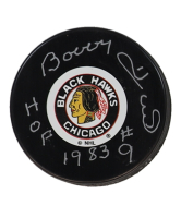 Bobby Hull Signed Blackhawks Logo Hockey Puck Inscribed "HOF 1983" (Beckett) at PristineAuction.com
