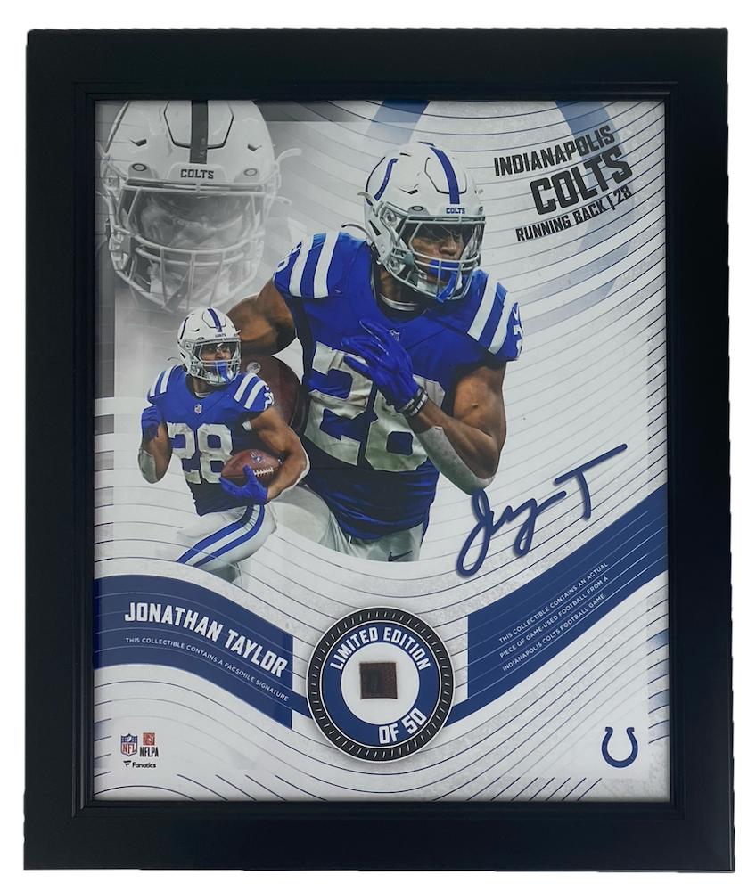 Jonathan Taylor LE Colts Custom Framed Photo Display with Game-Used Football Piece (Fanatics) at PristineAuction.com Jonathan Taylor LE Colts Custom Framed Photo Display with Game-Used Football Piece (Fanatics) at PristineAuction.com