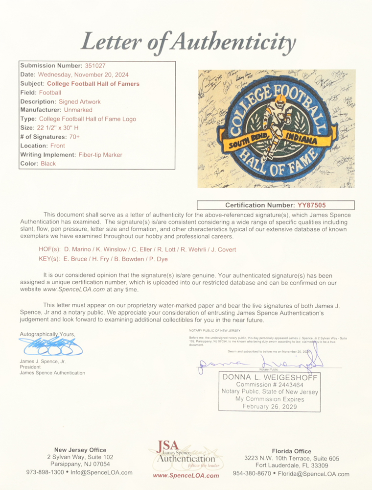 "College Football Hall Of Famers" Custom Matted Display Signed By (74) With Dan Marino, Kellen Winslow, Carl Eller, Jim Covert With Inscriptions (JSA) at PristineAuction.com "College Football Hall Of Famers" Custom Matted Display Signed By (74) With Dan Marino, Kellen Winslow, Carl Eller, Jim Covert With Inscriptions (JSA) at PristineAuction.com