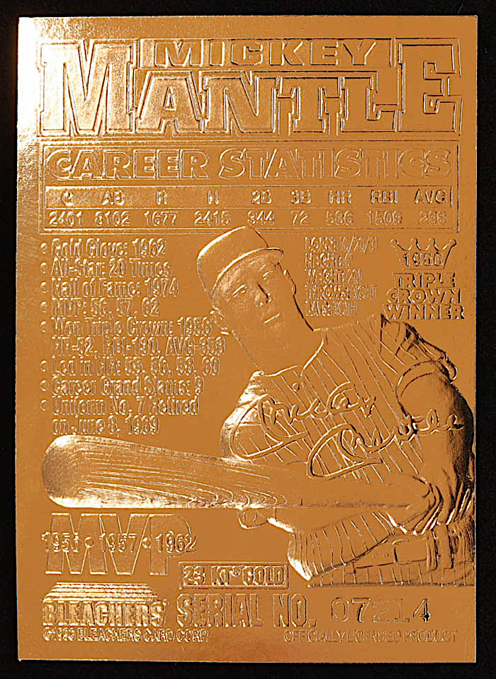 Mickey Mantle 1996 Sculptured 23KT Gold Card – Commerce Comet – Near Mint Condition