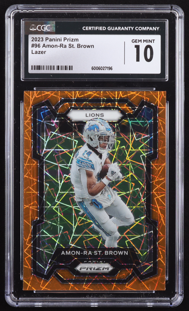 Amon-Ra St. Brown 2023 Panini Prizm Prizms Orange Lazer #96 (CGC 10) at PristineAuction.com Amon-Ra St. Brown 2023 Panini Prizm Prizms Orange Lazer #96 (CGC 10) at PristineAuction.com