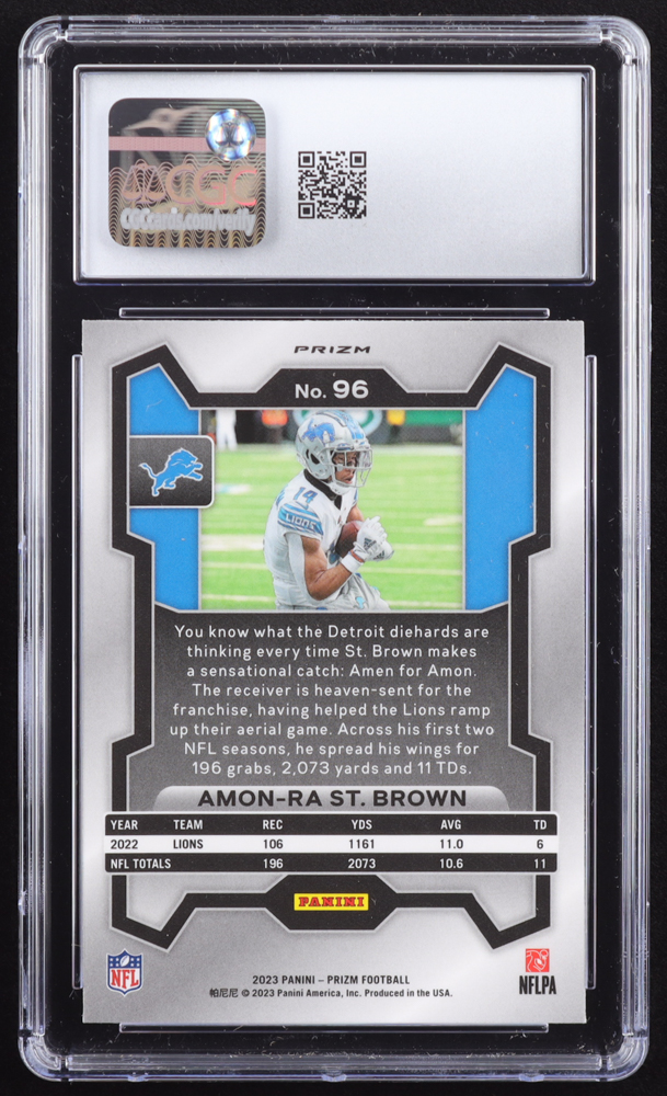 Amon-Ra St. Brown 2023 Panini Prizm Prizms Orange Lazer #96 (CGC 10) at PristineAuction.com Amon-Ra St. Brown 2023 Panini Prizm Prizms Orange Lazer #96 (CGC 10) at PristineAuction.com