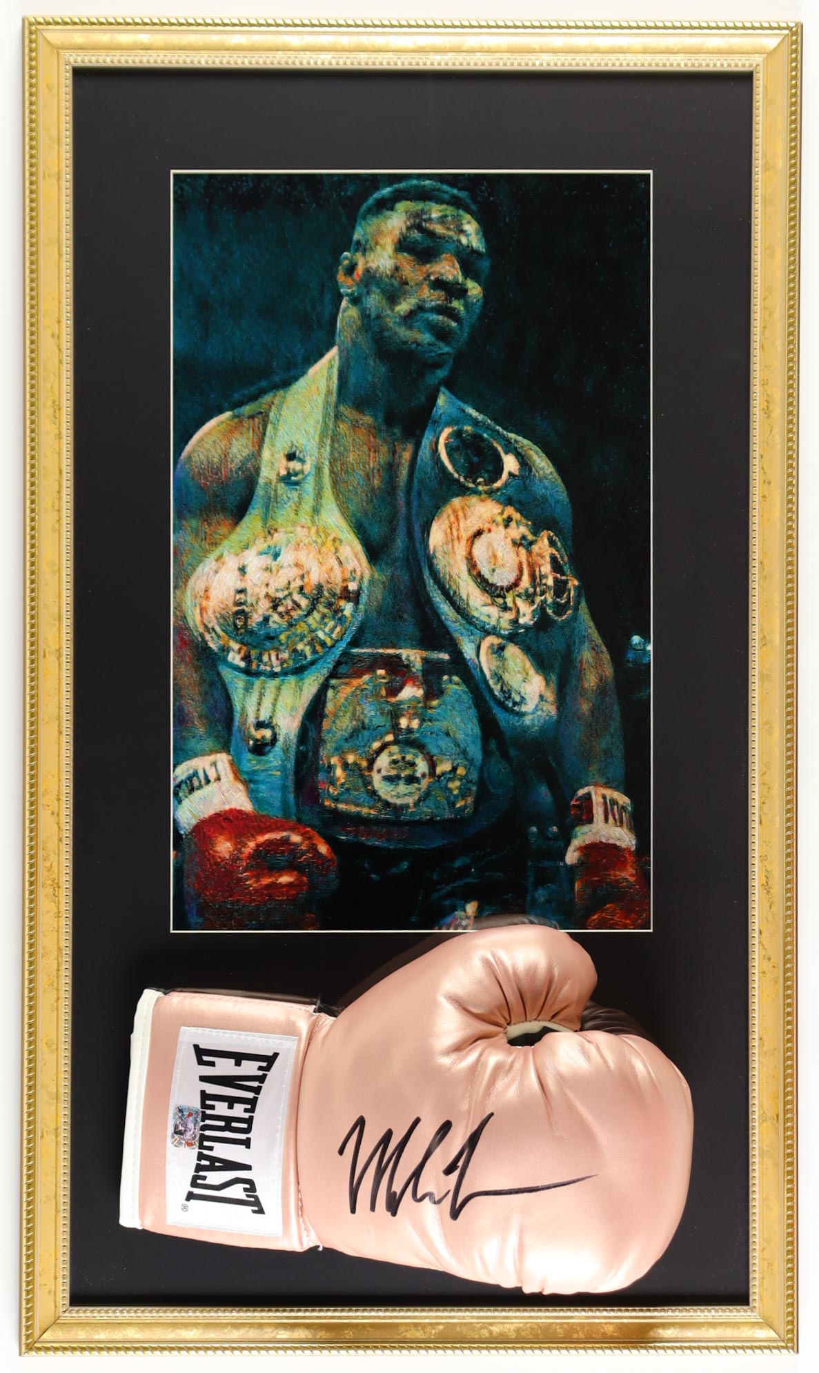 Mike Tyson Signed Custom Framed Vintage Everlast Boxing Glove with Photo Print (Tyson) at PristineAuction.com Mike Tyson Signed Custom Framed Vintage Everlast Boxing Glove with Photo Print (Tyson) at PristineAuction.com