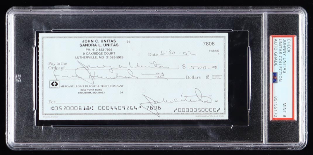 Johnny Unitas Signed 2002 Personal Check (PSA | Autograph Graded 9) at PristineAuction.com Johnny Unitas Signed 2002 Personal Check (PSA | Autograph Graded 9) at PristineAuction.com