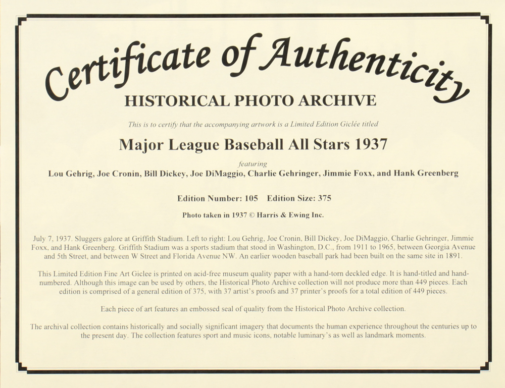 Historical Photo Archive - "Major League Baseball All Stars - 1937" Limited Edition 16.5x22 Fine Art Giclee on Paper #105/375 at PristineAuction.com Historical Photo Archive - "Major League Baseball All Stars - 1937" Limited Edition 16.5x22 Fine Art Giclee on Paper #105/375 at PristineAuction.com