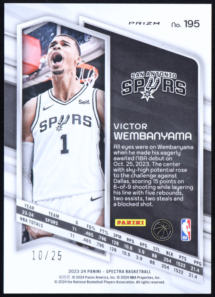 Victor Wembanyama 2023-24 Panini Spectra Meta #195 SD #10/25 RC at PristineAuction.com Victor Wembanyama 2023-24 Panini Spectra Meta #195 SD #10/25 RC at PristineAuction.com
