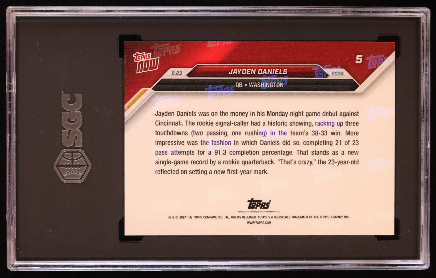 Jayden Daniels 2024 Topps Now #5 RC (SGC 10) at PristineAuction.com Jayden Daniels 2024 Topps Now #5 RC (SGC 10) at PristineAuction.com