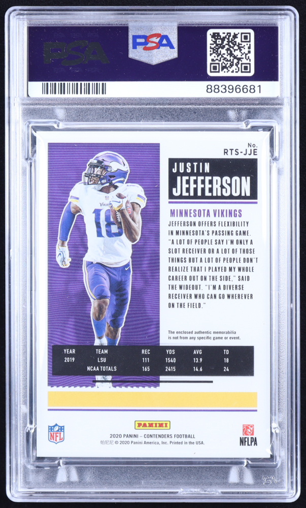 Justin Jefferson 2020 Panini Contenders Rookie Ticket Swatches #9 RC (PSA 9) at PristineAuction.com Justin Jefferson 2020 Panini Contenders Rookie Ticket Swatches #9 RC (PSA 9) at PristineAuction.com
