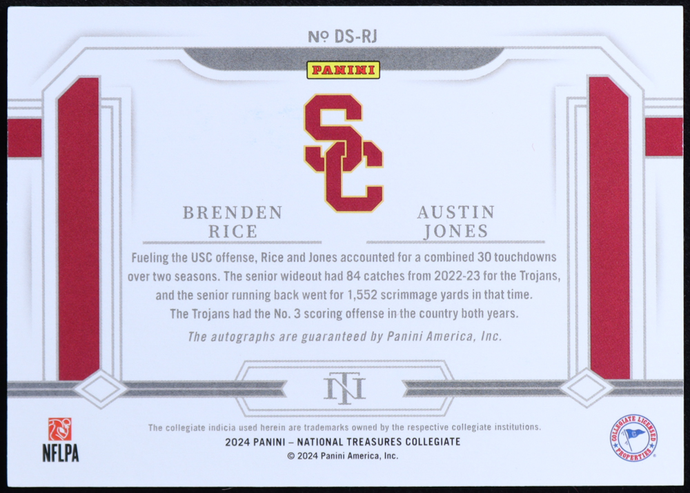 Austin Jones / Brenden Rice 2024 Panini National Treasures Collegiate Dual Signatures #2 RC #59/99 at PristineAuction.com Austin Jones / Brenden Rice 2024 Panini National Treasures Collegiate Dual Signatures #2 RC #59/99 at PristineAuction.com