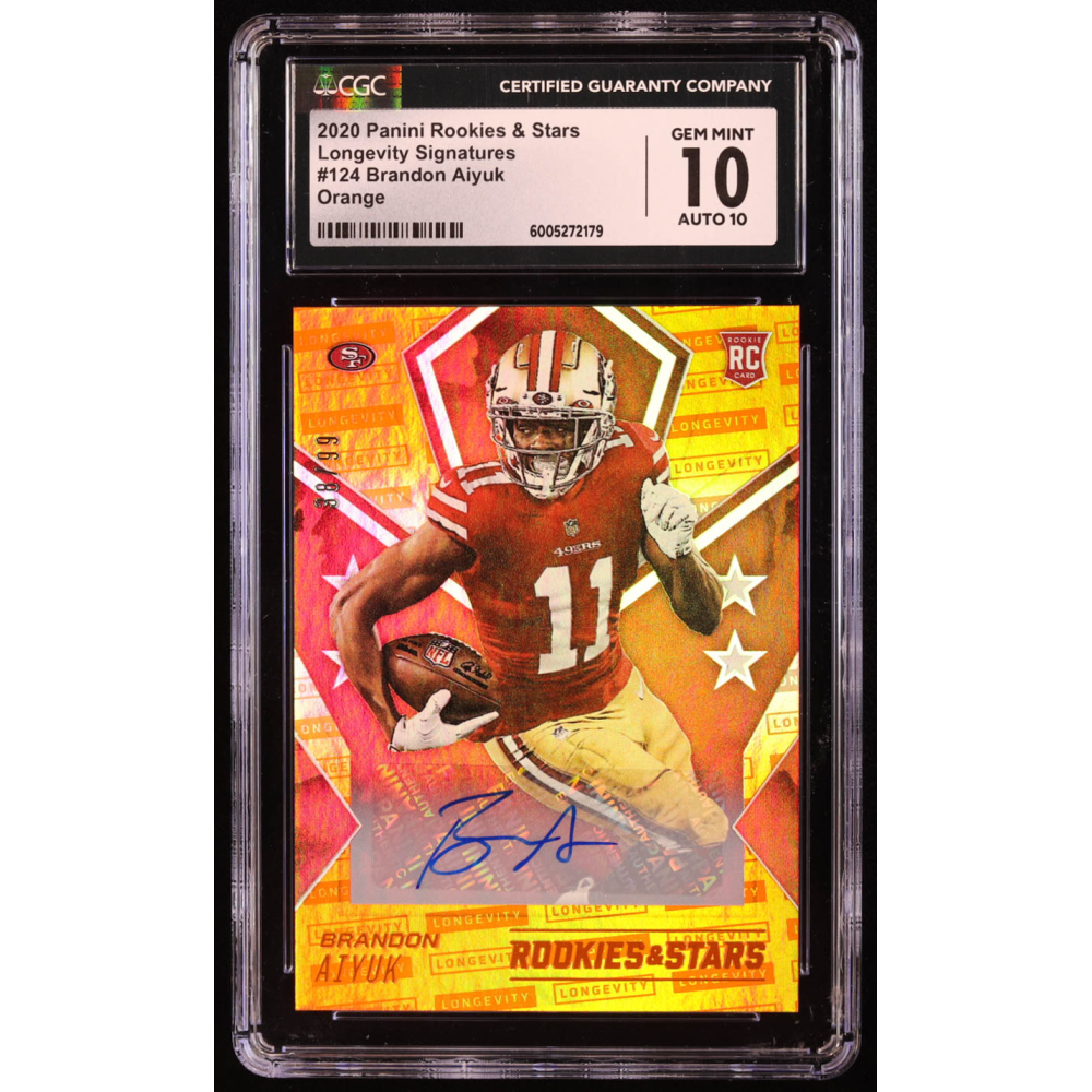 Brandon Aiyuk 2020 Rookies and Stars Rookies Longevity Signatures Orange #124 EXCH RC #38/99 (CGC 10) at PristineAuction.com