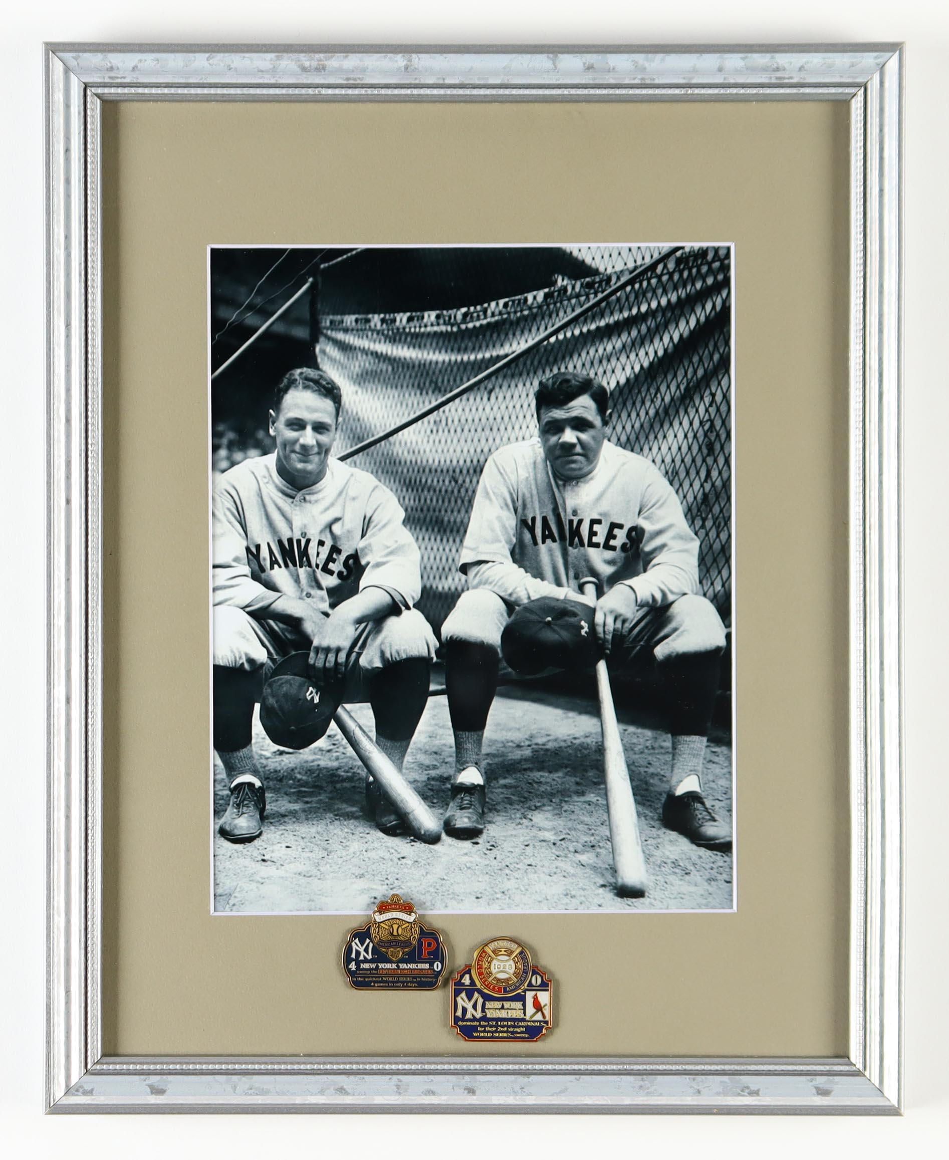 "Babe Ruth & Lou Gehrig" Custom Framed Photo Display with Official 1927 & 1928 Yankees World Series Pins at PristineAuction.com "Babe Ruth & Lou Gehrig" Custom Framed Photo Display with Official 1927 & 1928 Yankees World Series Pins at PristineAuction.com
